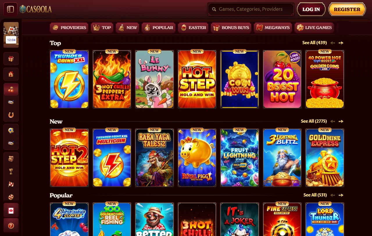 Biblioteca de slots do Casoola Casino com filtros por fornecedor e por categoria