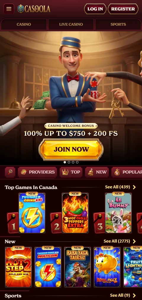 Casoola Casino em ecrã de telemóvel com o lobby organizado numa única coluna