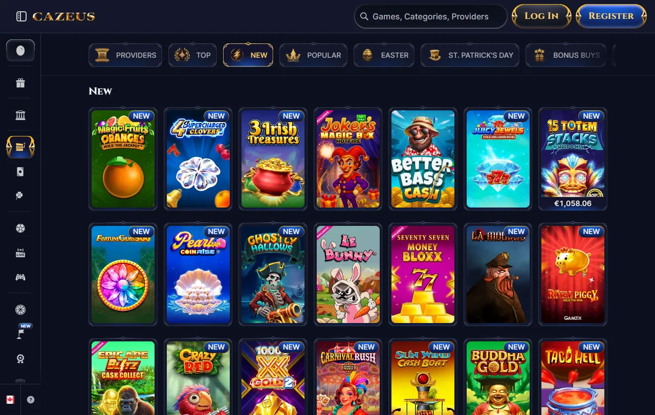 Catálogo de slots e mesas ao vivo do Cazeus Casino com Pragmatic Play e Evolution