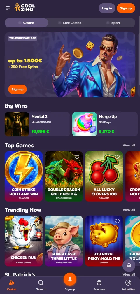 Coolzino no browser do telemóvel com mesas ao vivo da Evolution