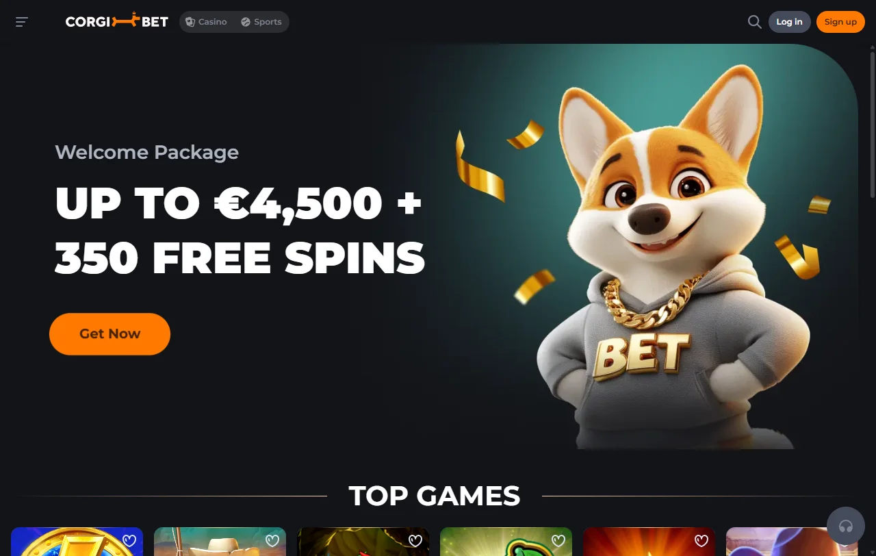 Página inicial do Corgibet Casino com casino e apostas na mesma carteira