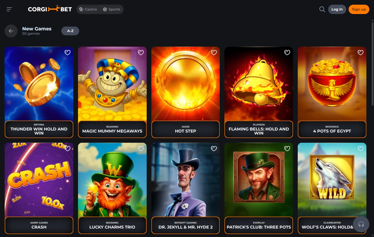 Catálogo do Corgibet Casino com mais de 6 000 títulos e filtros por fornecedor
