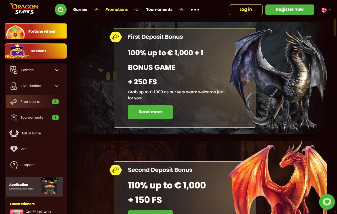 Catálogo do DragonSlots com slots e mesas live de mais de cem fornecedores