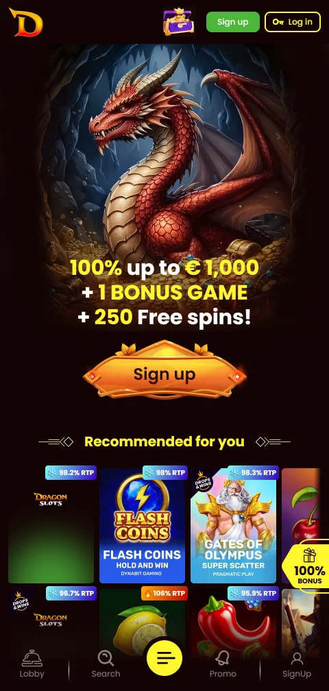 DragonSlots no navegador do telemóvel, com lobby adaptado ao ecrã pequeno