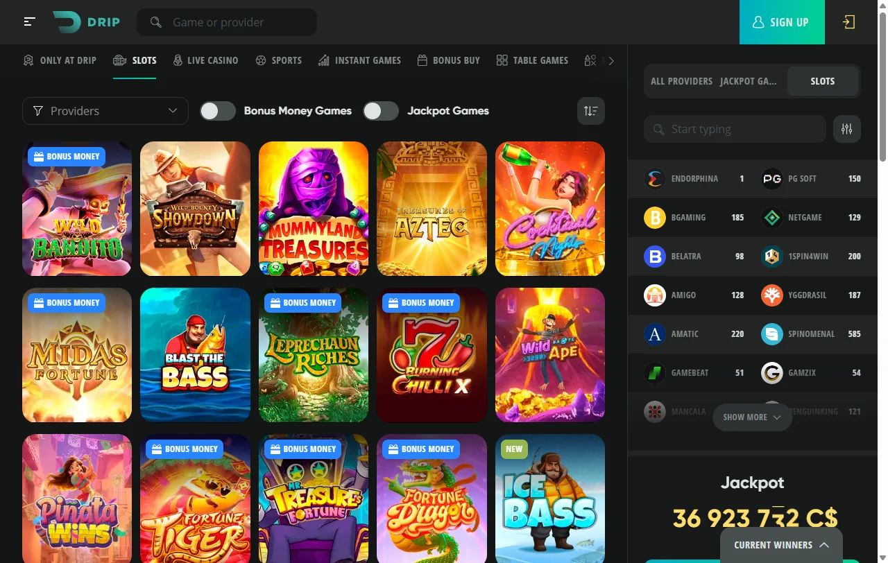 Visão geral do Drip Casino com estrutura de conta e níveis VIP
