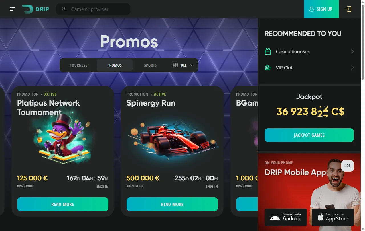 Catálogo do Drip Casino com slots da Pragmatic Play e mesas Evolution