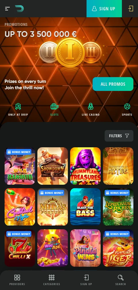 Drip Casino no telemóvel através do browser adaptado e do APK Android