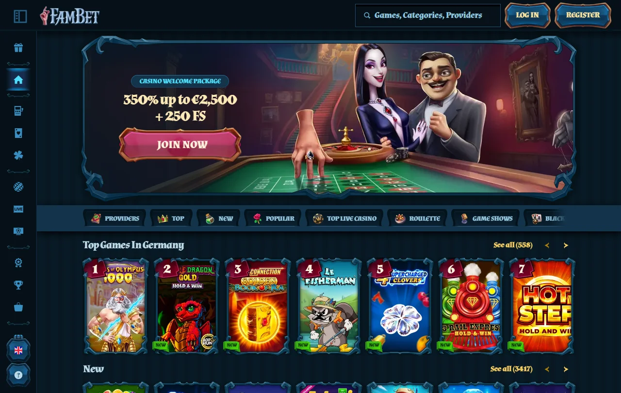 Estrutura geral do Fambet Casino, com catálogo agregado e boletim desportivo integrado