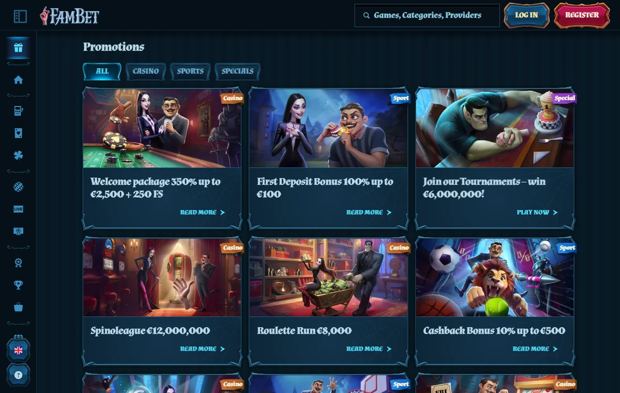 Catálogo de slots e mesas do Fambet Casino com Pragmatic Play e Evolution