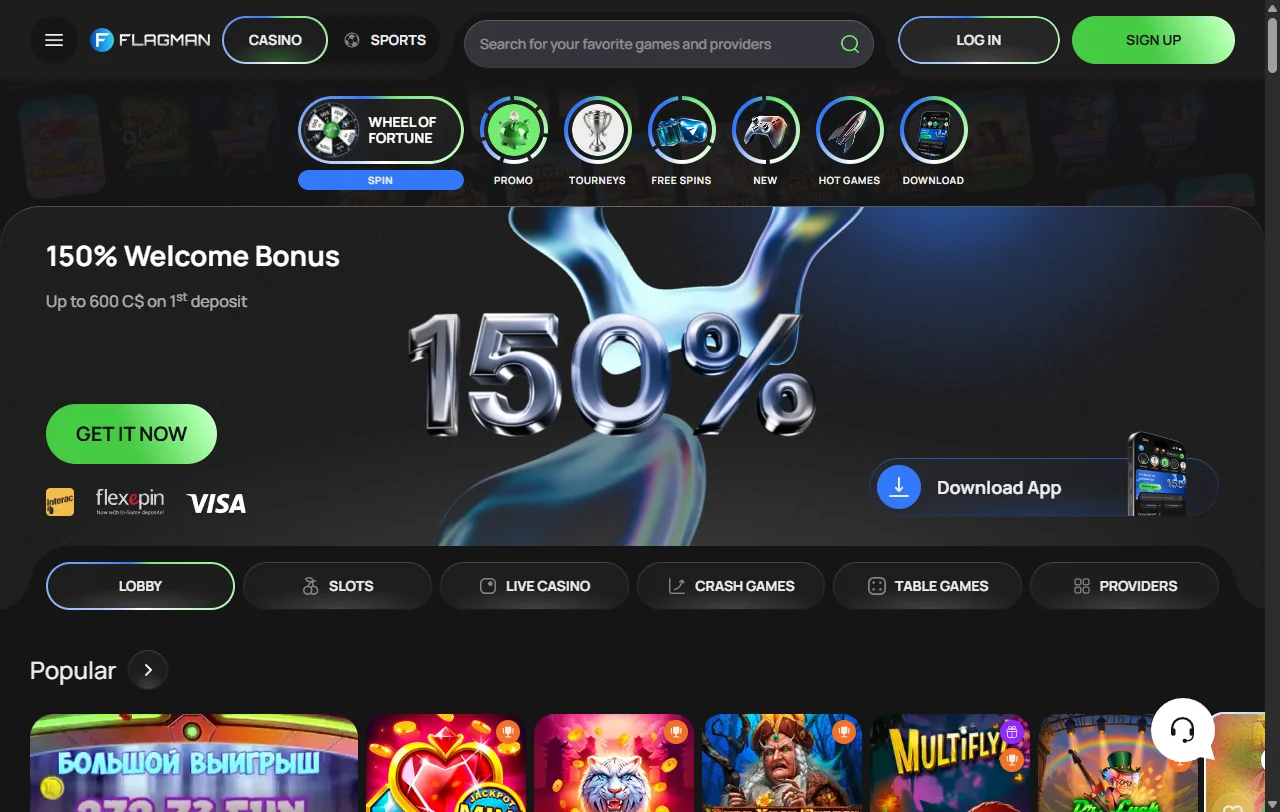 Página inicial do Flagman Casino com lobby e secções principais para Portugal