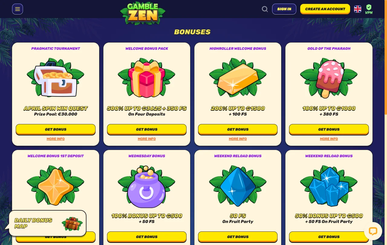 Biblioteca de jogos do Gamblezen com slots da Pragmatic Play e Hacksaw Gaming