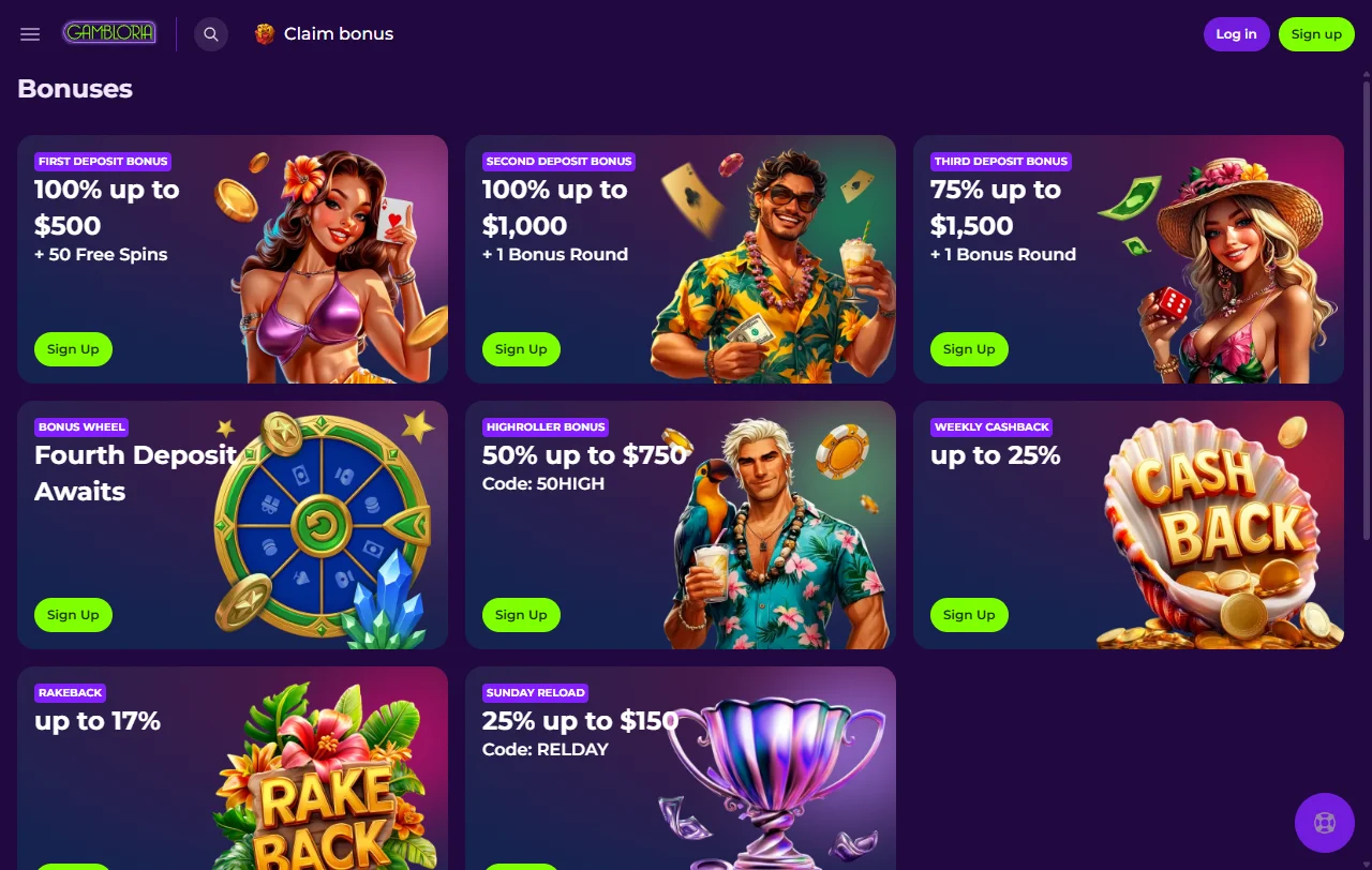 Catálogo do Gambloria Casino com cerca de 6 000 títulos e 65 fornecedores