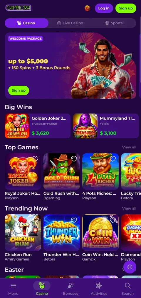 O Gambloria Casino no browser do telemóvel, sem aplicação nativa disponível