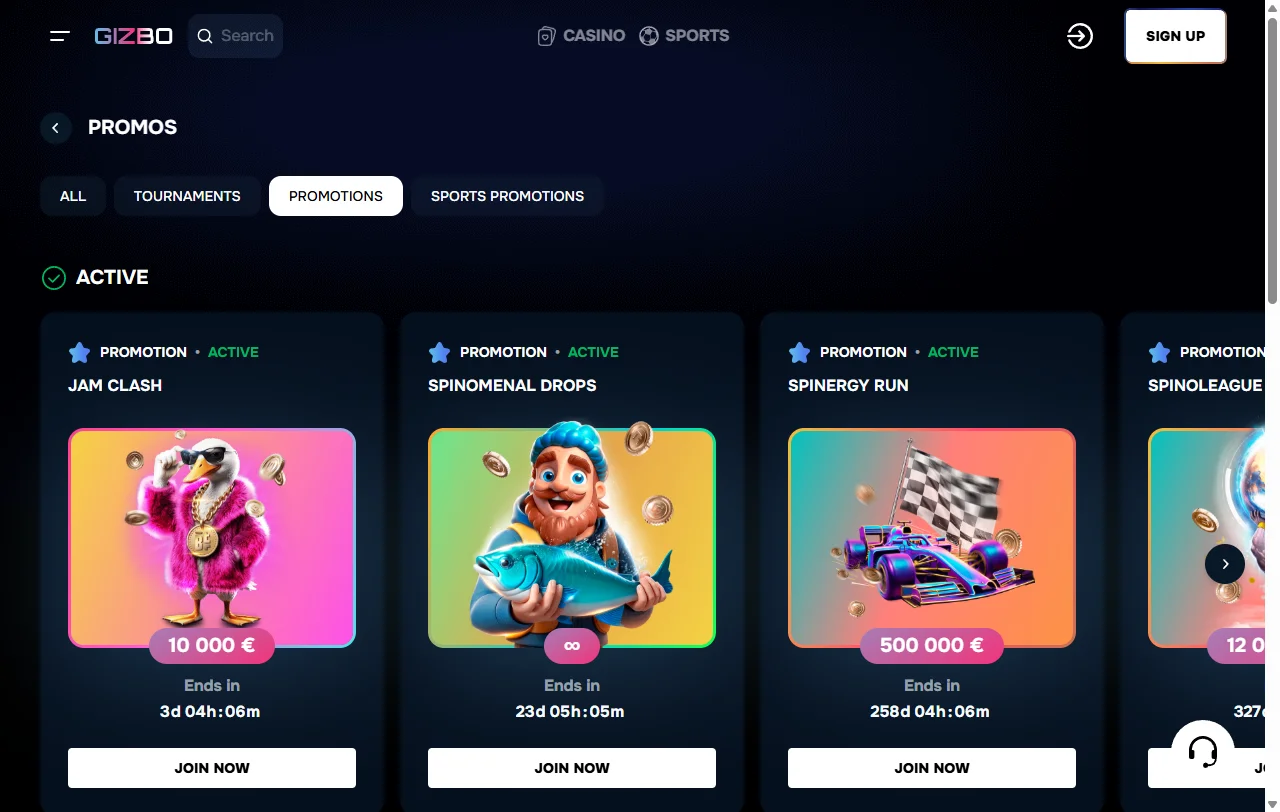 Catálogo de slots e live casino do Gizbo Casino com estúdios integrados