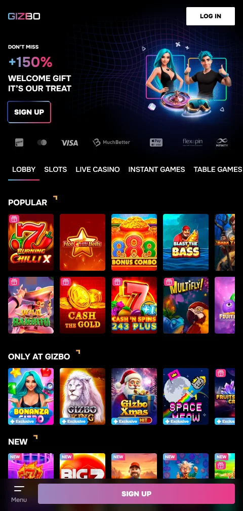Gizbo Casino em telemóvel através do navegador em iOS e Android