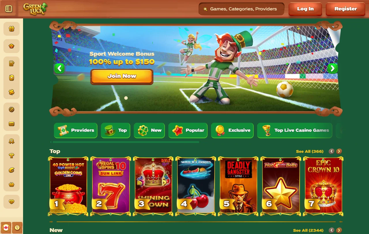 Página inicial do GreenLuck Casino com o bónus de boas-vindas em destaque