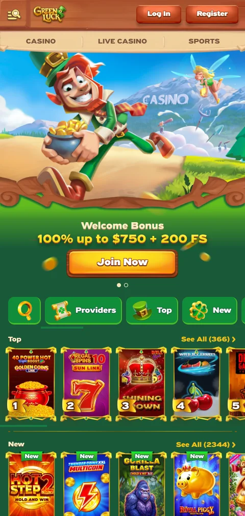 GreenLuck Casino no browser do telemóvel com categorias em coluna única