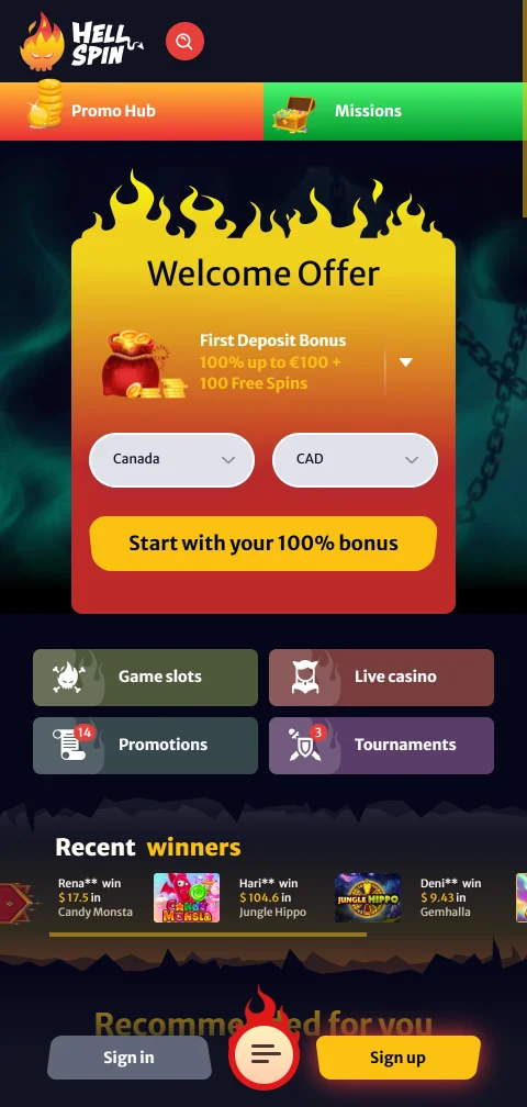 Interface do HellSpin no navegador do telemóvel, sem aplicação nativa disponível