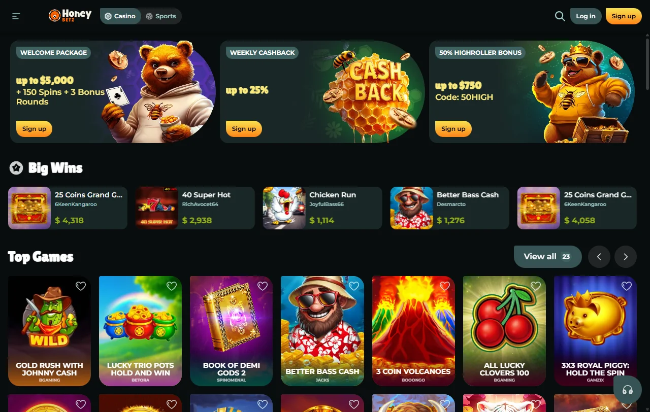 Estrutura geral do HoneyBetz Casino com licença de Curaçao e catálogo acima de 3 800 jogos