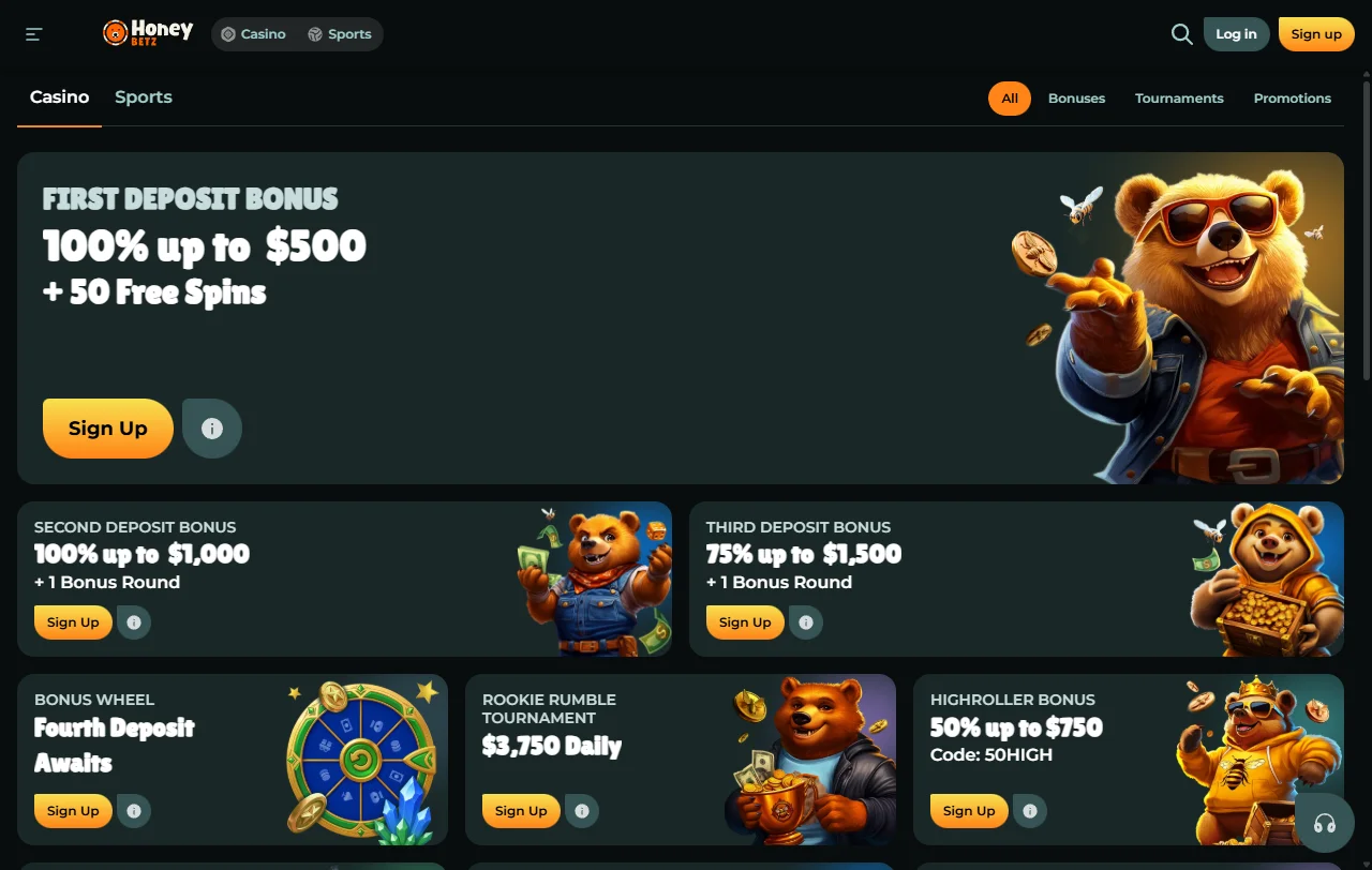 Catálogo de slots do HoneyBetz Casino com títulos de Pragmatic Play, NetEnt e Evolution