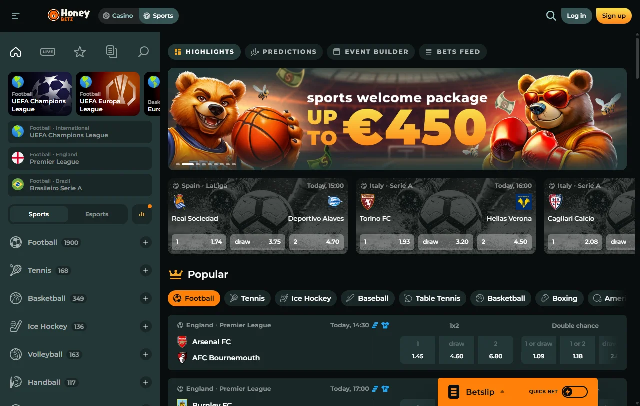 Bónus de boas-vindas do HoneyBetz Casino de 100% até 500 € com requisito de 40x