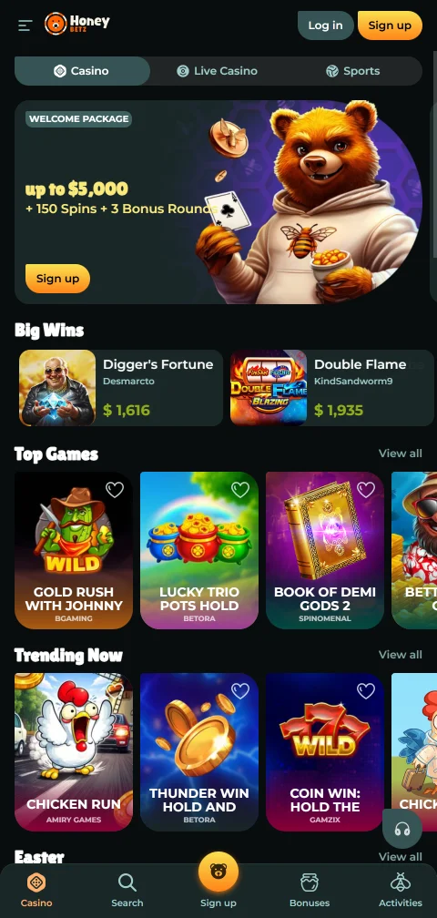 HoneyBetz Casino no browser móvel com percurso de depósito em quatro passos