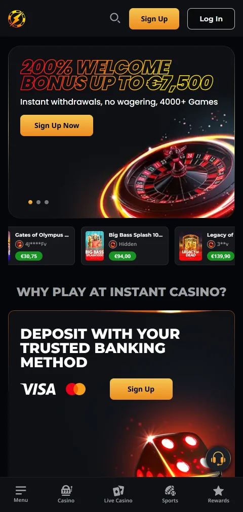 Instant Casino em navegador móvel, sem aplicação nativa para Android ou iOS