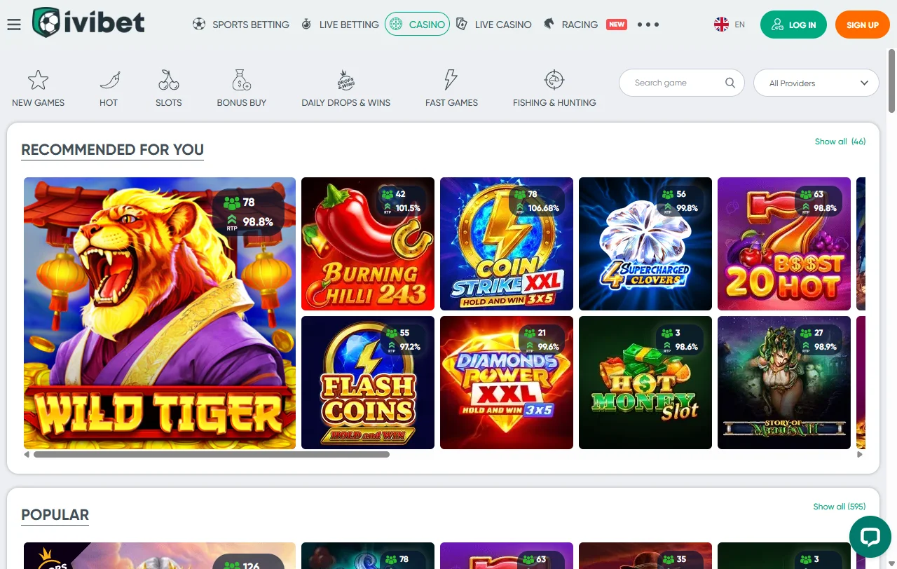 Catálogo de slots e mesas ao vivo da Ivibet com estúdios integrados