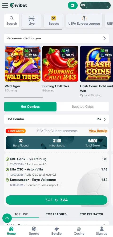 Ivibet em telemóvel com cupão de apostas e lobby em coluna única