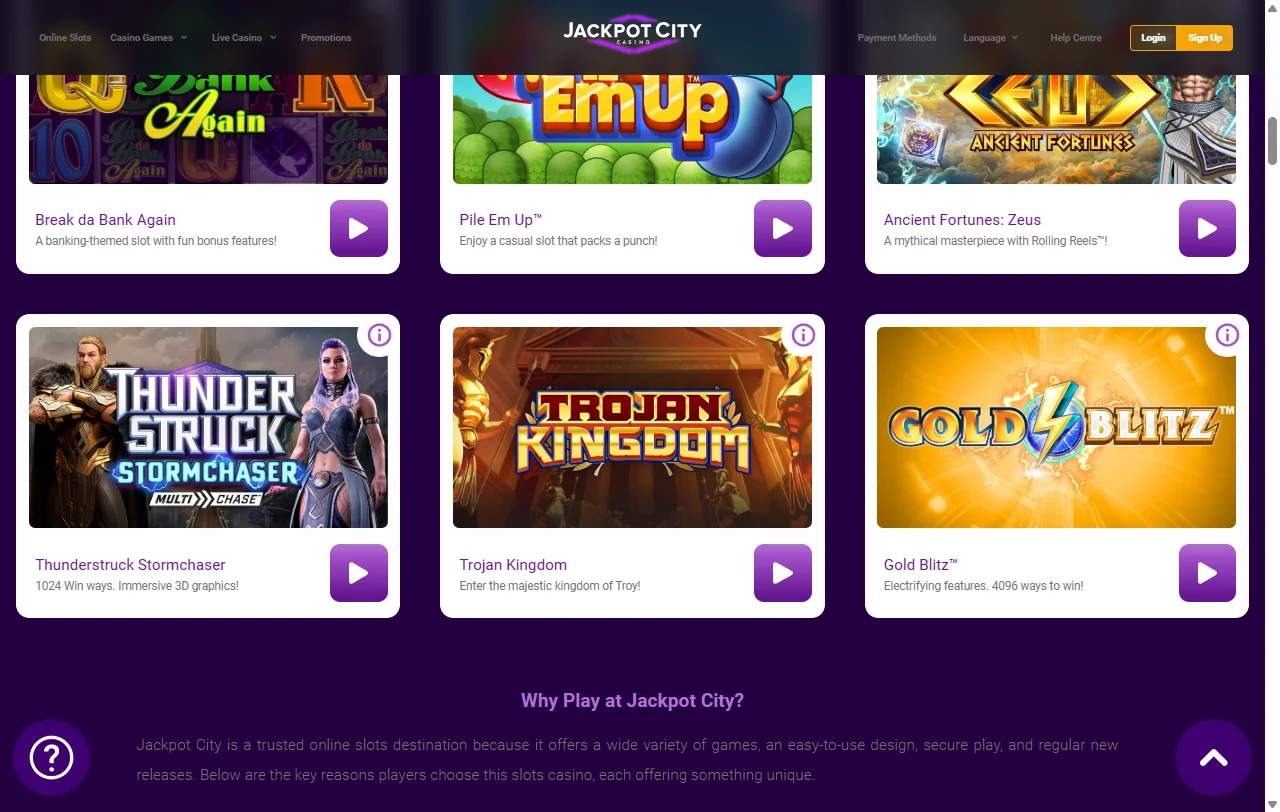 Catálogo do Jackpot City com slots da Games Global e mesas ao vivo