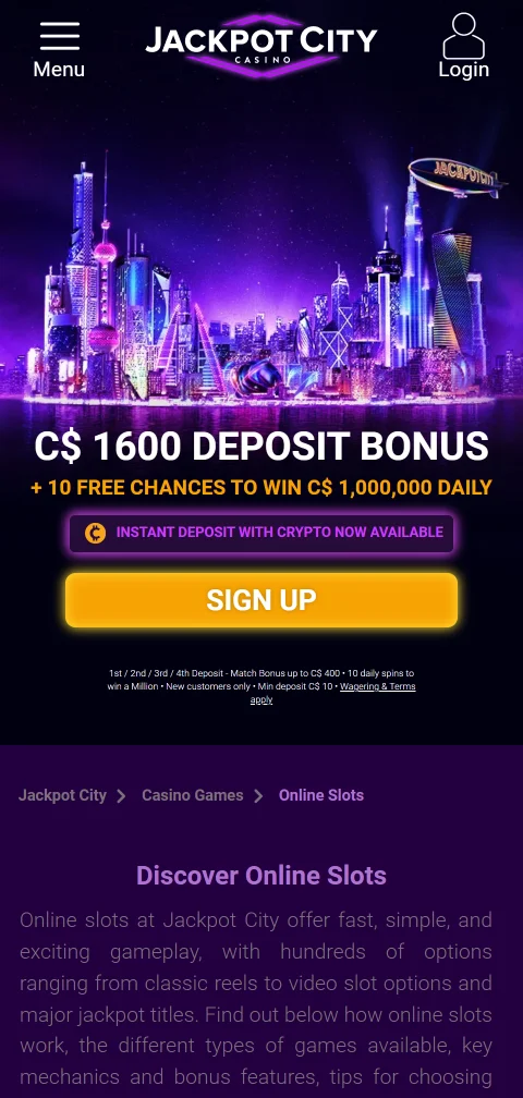 Jackpot City em telemóvel através do cliente HTML5 no browser