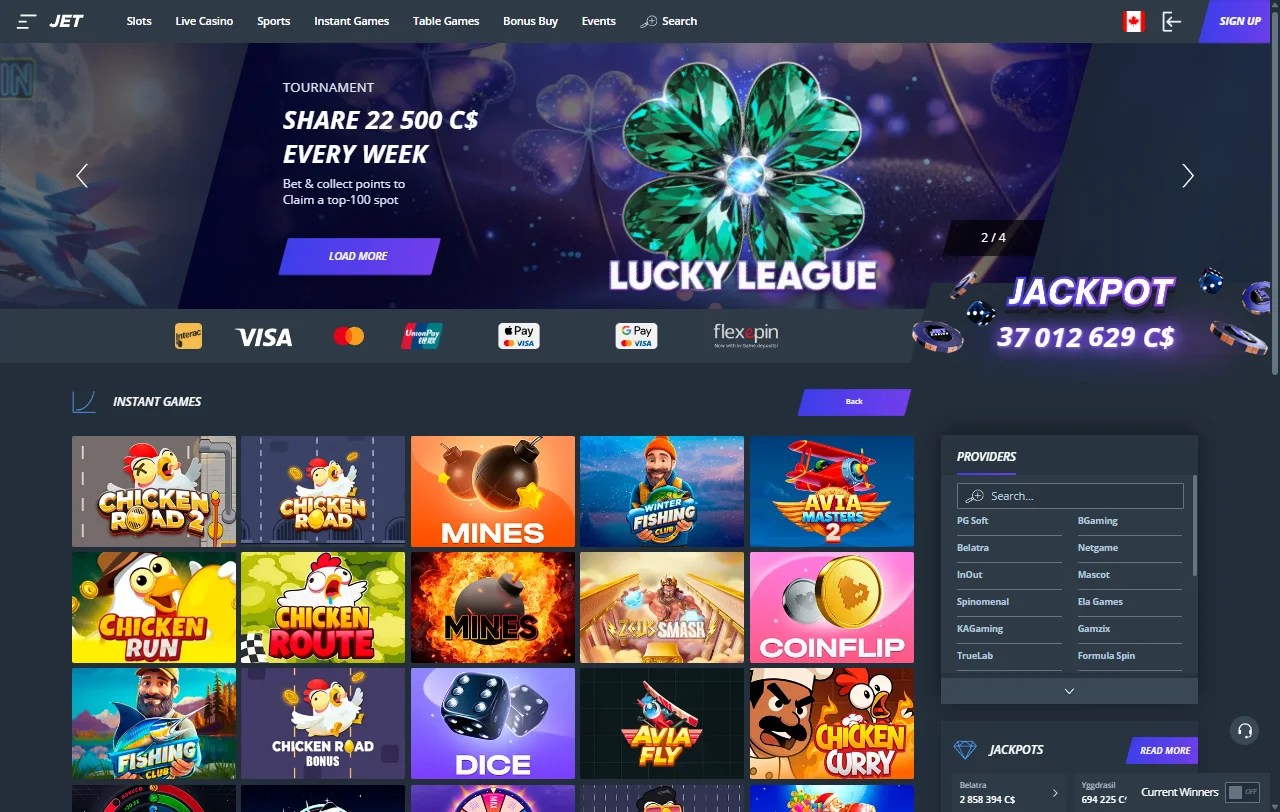 Página inicial do Jet Casino com as secções de jogos em destaque
