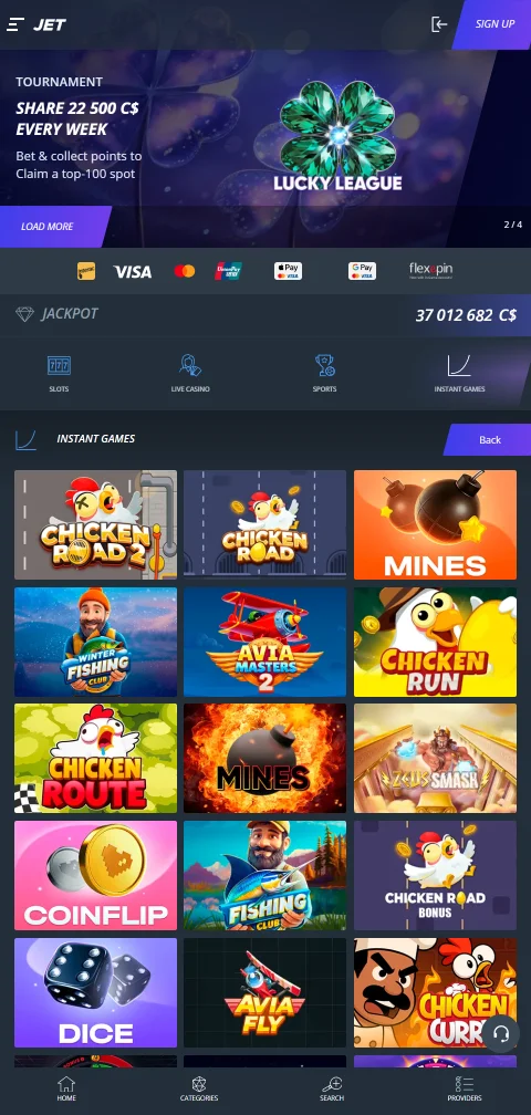 Jet Casino aberto no browser do telemóvel em ecrã vertical