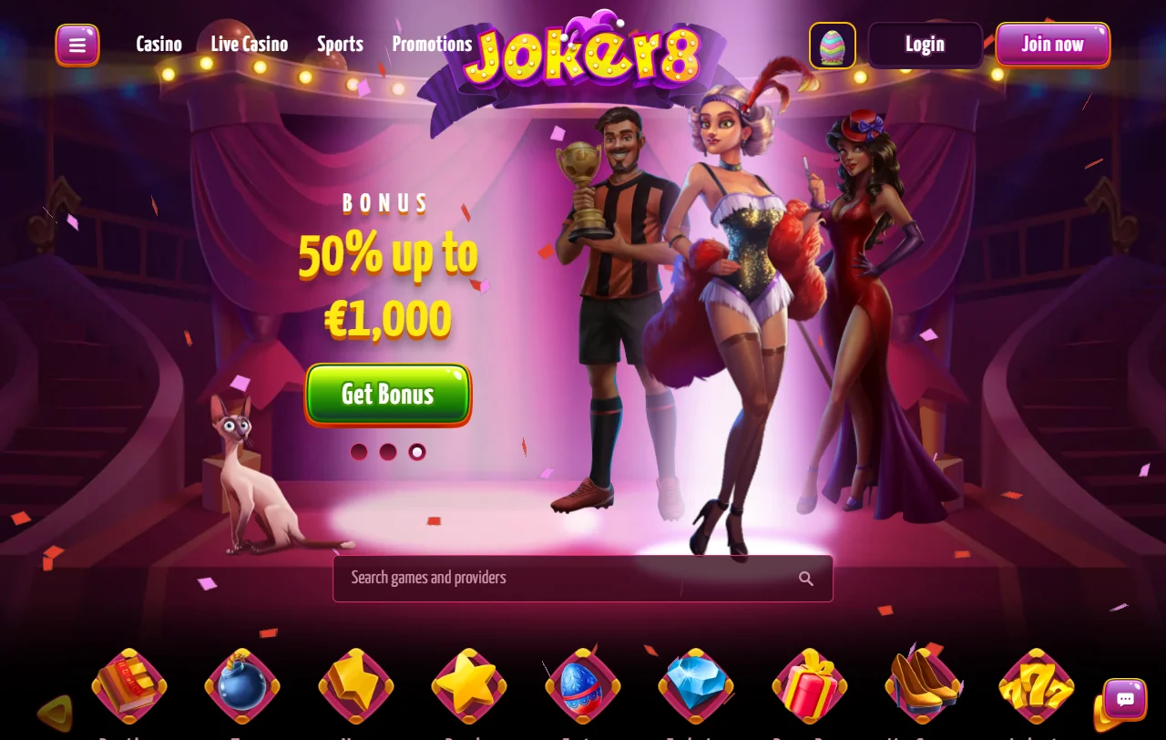Panorama geral do Joker8 com o catálogo e as categorias temáticas do lobby