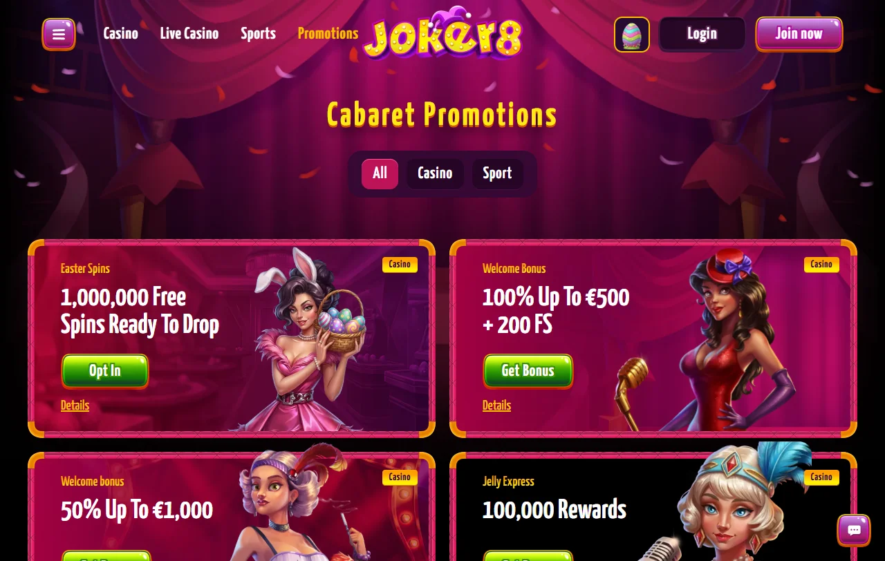 Bónus de boas-vindas do Joker8 de 100% até 500 euros com 200 free spins