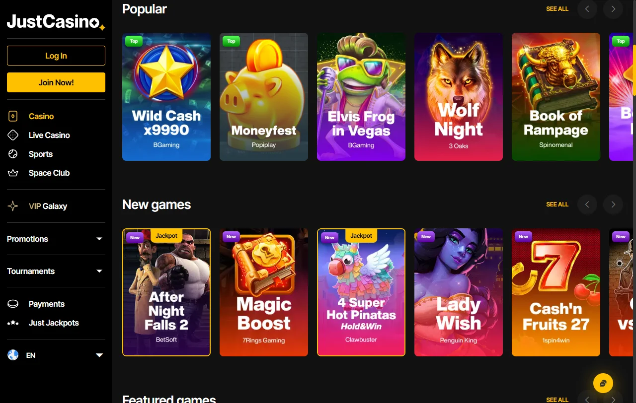 Biblioteca de slots do Just Casino com títulos da Pragmatic Play e Evolution