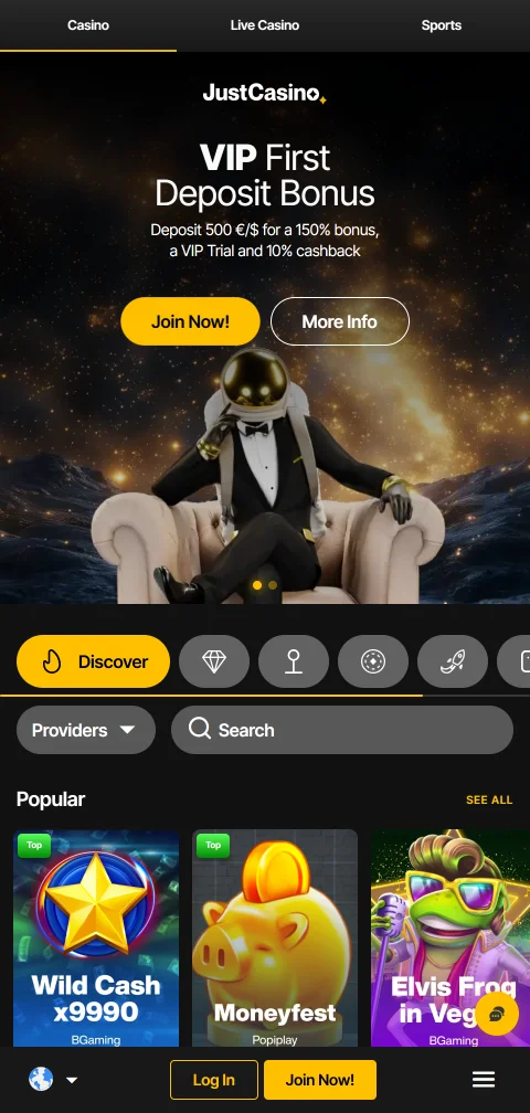 Just Casino no navegador do telemóvel com lobby em coluna única