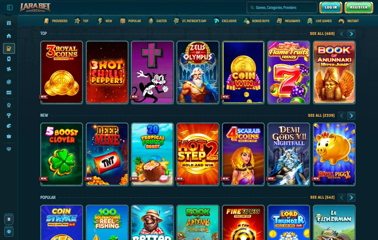 Catálogo de slots e mesas ao vivo da LaraBet com Pragmatic Play e Evolution