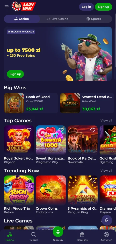 LazyBar Casino em navegador móvel com lobby adaptado a ecrãs pequenos