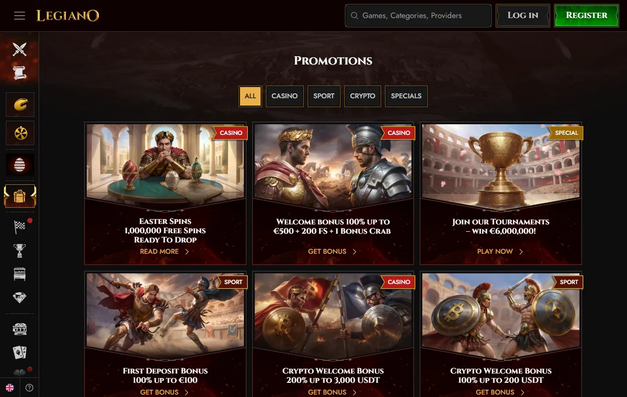 Catálogo de slots e mesas do Legiano Casino com títulos da Pragmatic Play e da NetEnt