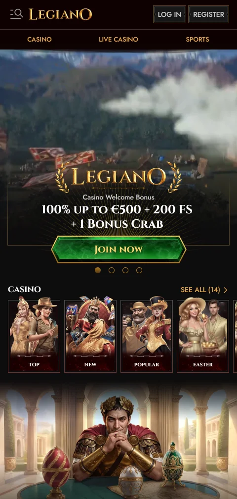 Versão móvel do Legiano Casino em navegador, sem aplicação nativa para Android ou iOS