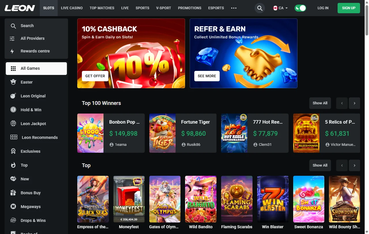 Catálogo de slots e mesas ao vivo do Leon Casino com Evolution e BGaming