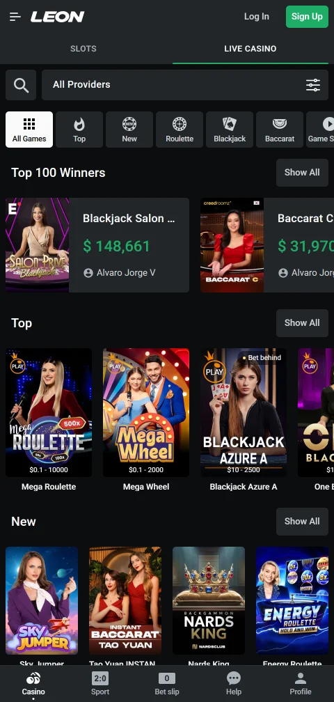 Leon Casino no telemóvel, com apostas ao vivo, construtor de aposta e cash out