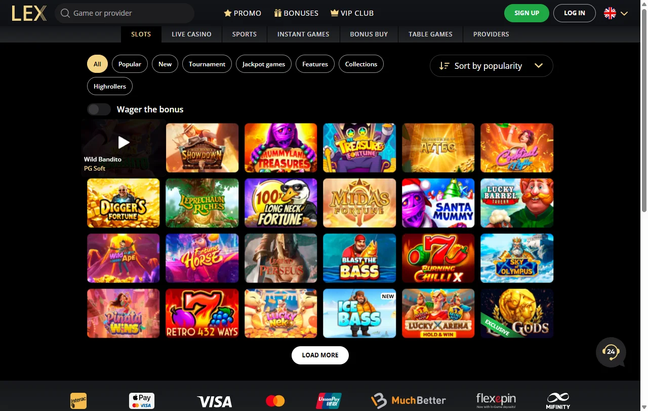 Biblioteca de slots e mesas ao vivo do Lex Casino com cerca de 90 estúdios