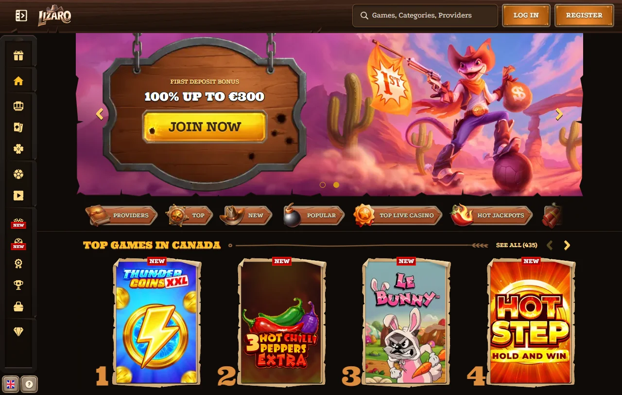 Página inicial do Lizaro Casino com lobby de jogos e sportsbook
