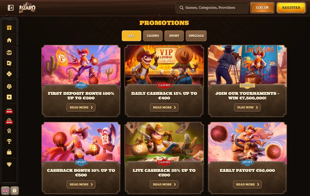 Lobby de slots e mesas ao vivo do Lizaro Casino por fornecedor