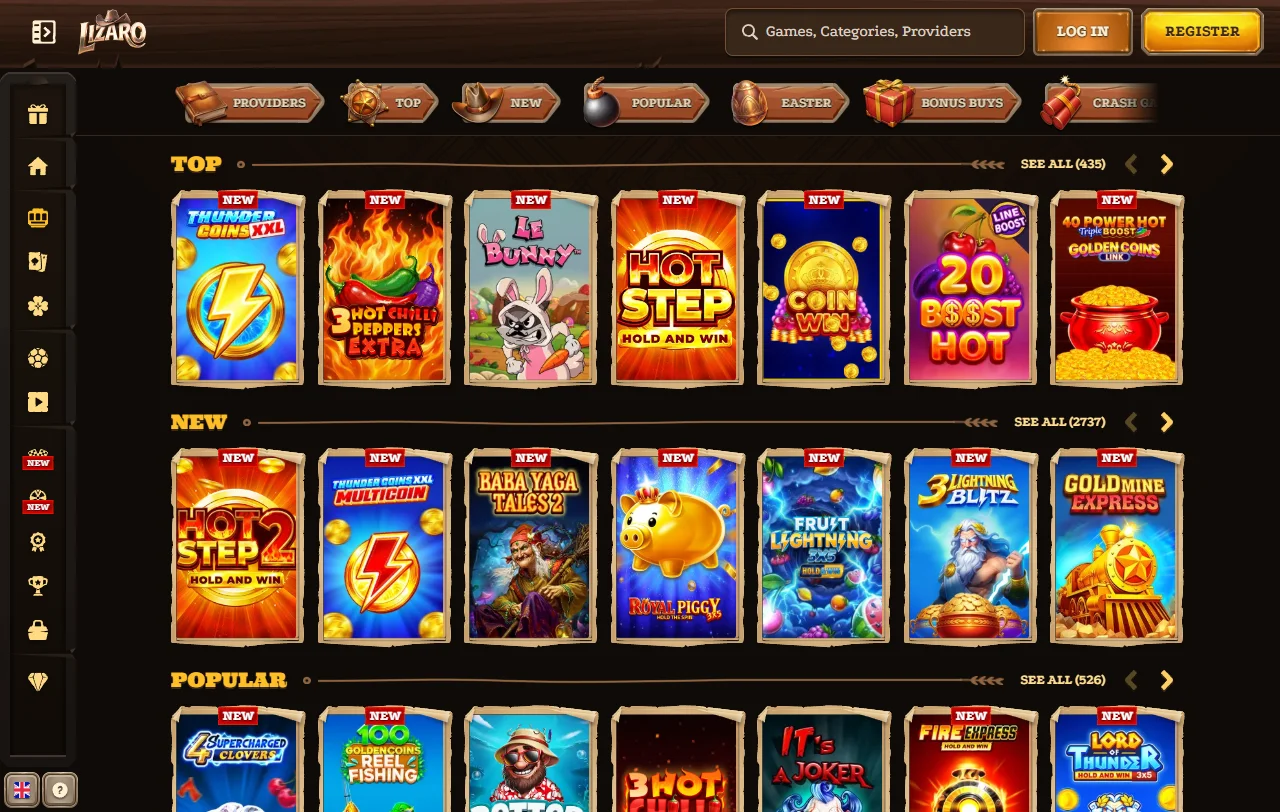 Página de promoções do Lizaro Casino com bónus de boas-vindas e cashback
