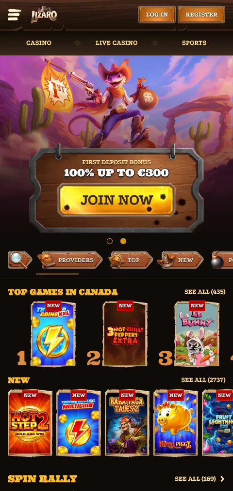 Lizaro Casino no telemóvel com lobby adaptado ao ecrã vertical