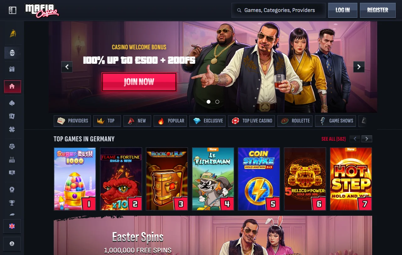Lobby do Mafia Casino com o catálogo de mais de 9.000 jogos