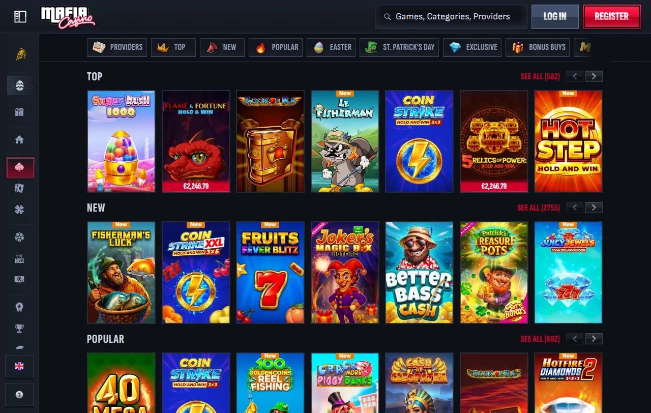 Slots e mesas em direto do Mafia Casino por fornecedor, de Pragmatic Play a Evolution